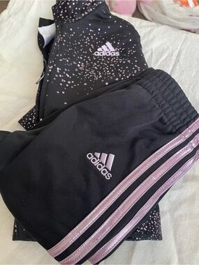 adidas Kids Black Joggers with Light Pink Stripes
